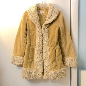 Corduroy Shaggy Faux Fur Trim Coat